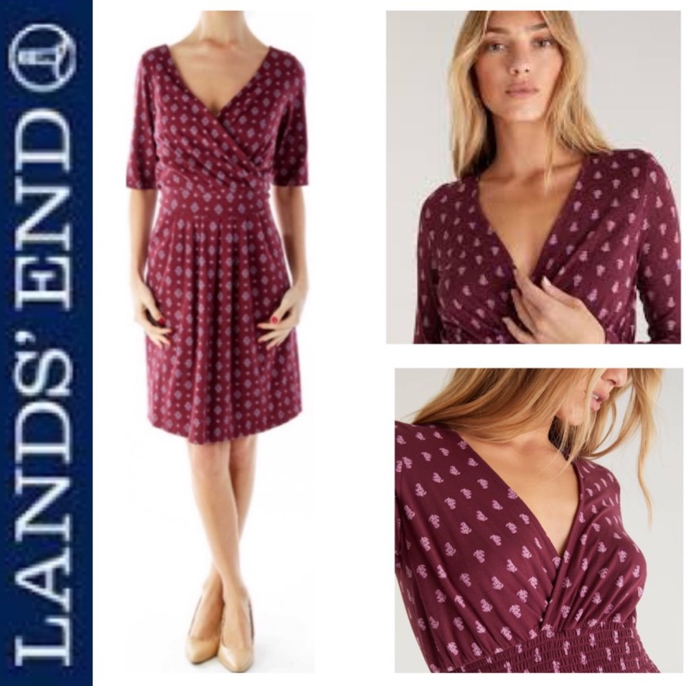 Lands End Dress Faux Wrap Empire Waist Stretch Knit Burgundy Size 10 / 12 Medium